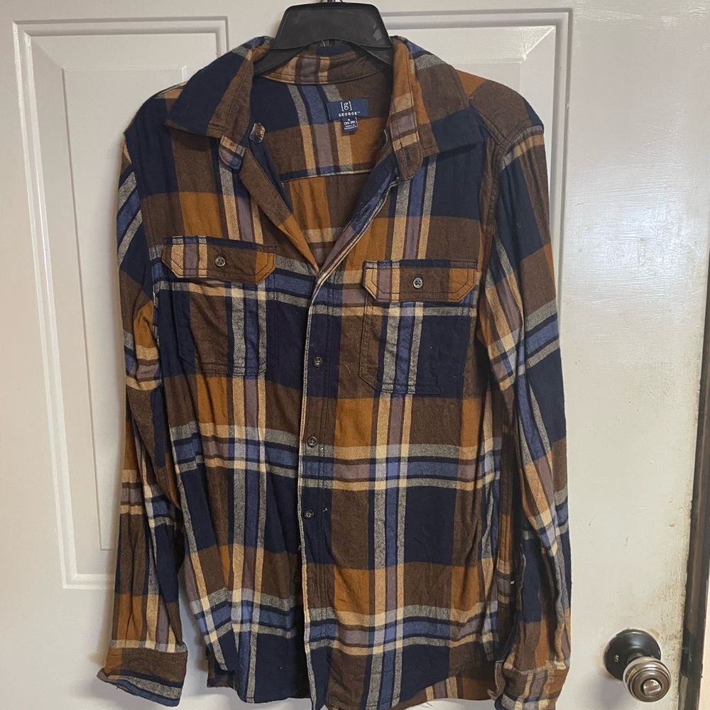 George Men's Navy and Mustard Plaid Flannel Shirt S